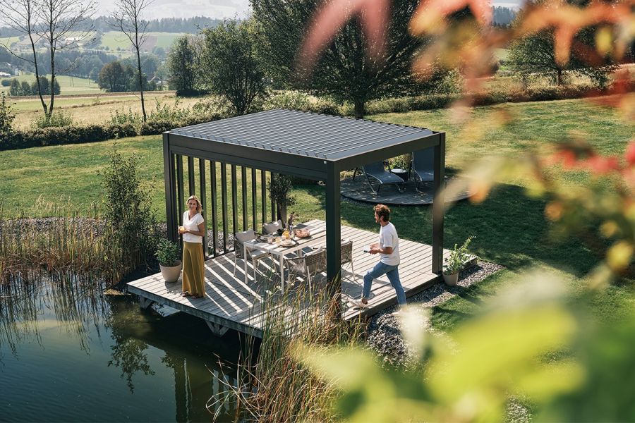Biohort aluminium Pergola donkergrijs 500x350 cm zilver metallic lamellendak Biohort aluminium Pergola donkergrijs 500x350 cm zilver metallic lamellendak