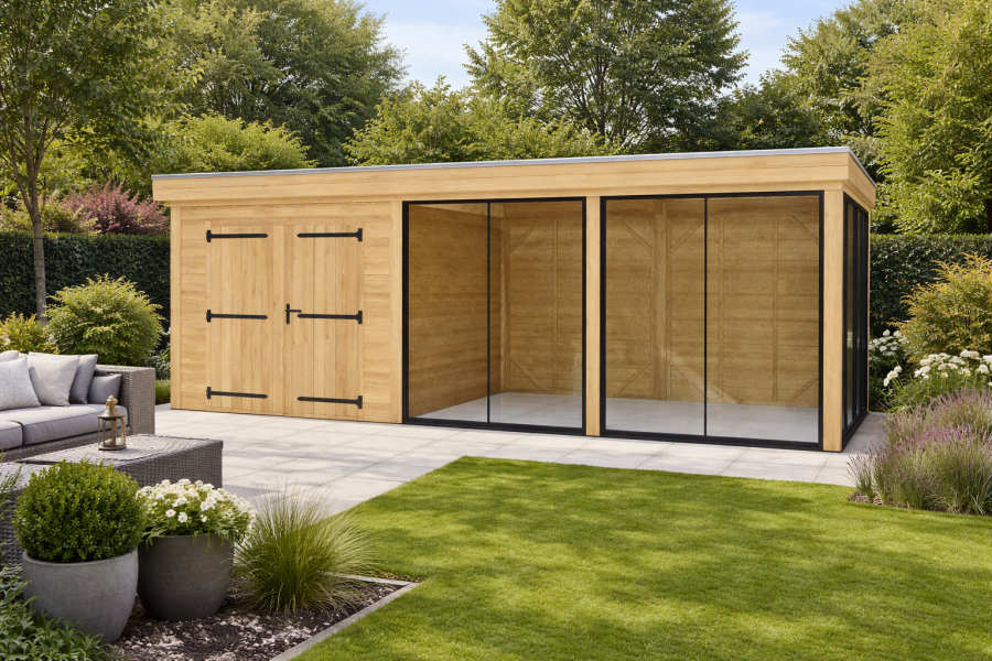 Blokhut Zutphen 330x300 cm + overkapping 370x300 cm Douglas blank  (Incl. EPDM)