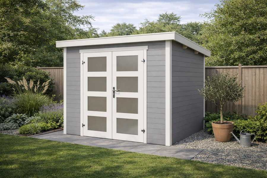 Blokhut Bart 300x300cm 28mm vuren Lightgrey-White geverfd Blokhut Bart 300x300cm 28mm vuren Lightgrey-White geverfd