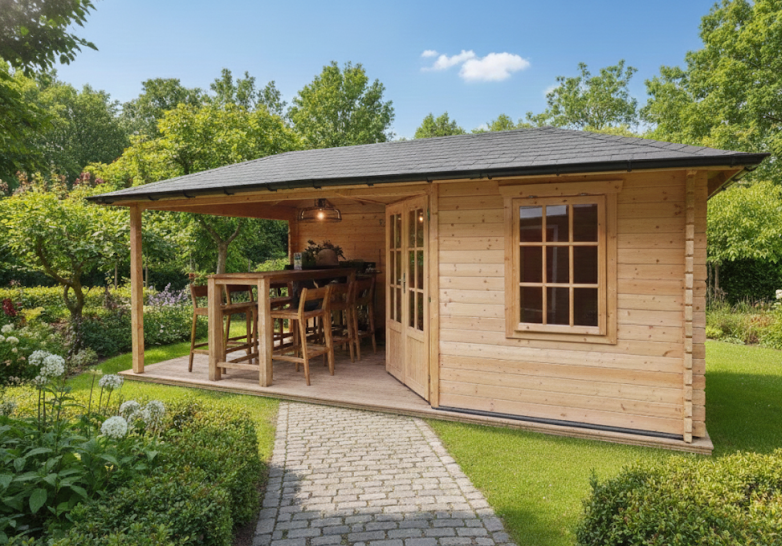 Tuindeco Jannie hoekblokhut 300x300 cm + zijluifel 275 cm - vuren blank incl. dakshingles, antraciet goot (driezijdig) en composiet funderingsbalken, excl. vlonder - Showmodel