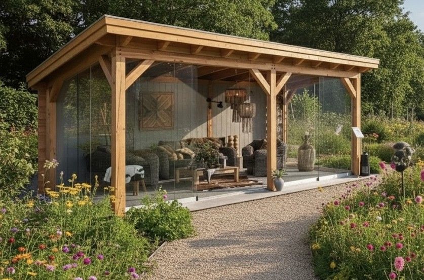 Douglasvision Overkapping Prestige 600x350 cm met glasschuifwand aan voor- en linkerzijde, achterwand en rechterwand enkelzijdig sponningplank grijs gecoat, dakplanken wit gecoat - incl. zinken afvoerbuis en composiet vlonder - Showmodel