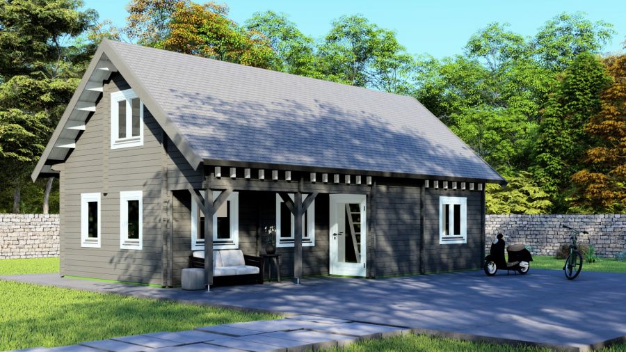 Chalet Frankrijk 1030x610 cm - grijs geïmpregneerd met wit gespoten ramen en deuren Chalet Frankrijk 1030x610 cm - grijs geïmpregneerd met wit gespoten ramen en deuren