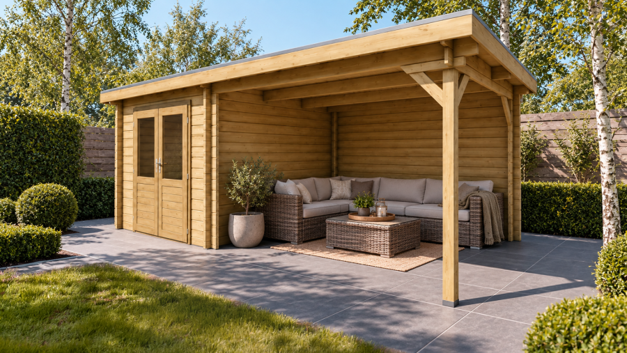Classicline Blokhut Limburg 250x250 cm + overkapping 300 cm vuren blank
