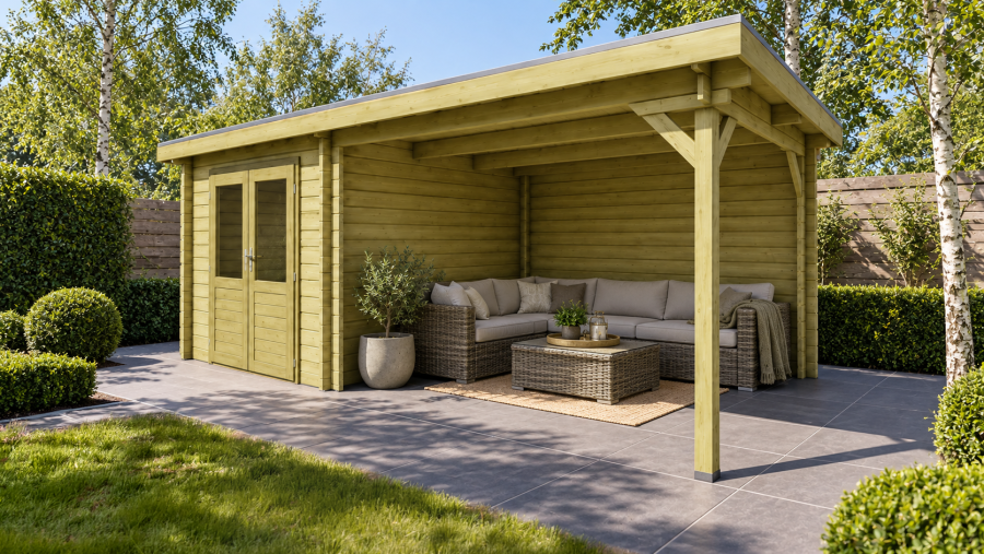Classicline Blokhut Limburg 250x250 cm + overkapping 300 cm vuren groen geïmpregneerd Classicline Blokhut Limburg 250x250 cm + overkapping 300 cm vuren groen geïmpregneerd