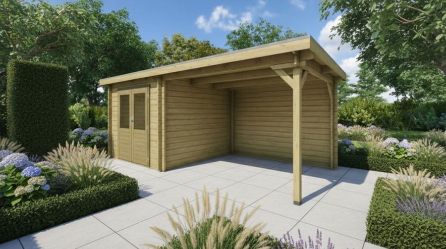 Classicline Blokhut Limburg vuren groen geïmpregneerd 250x250 cm + overkapping 300 cm