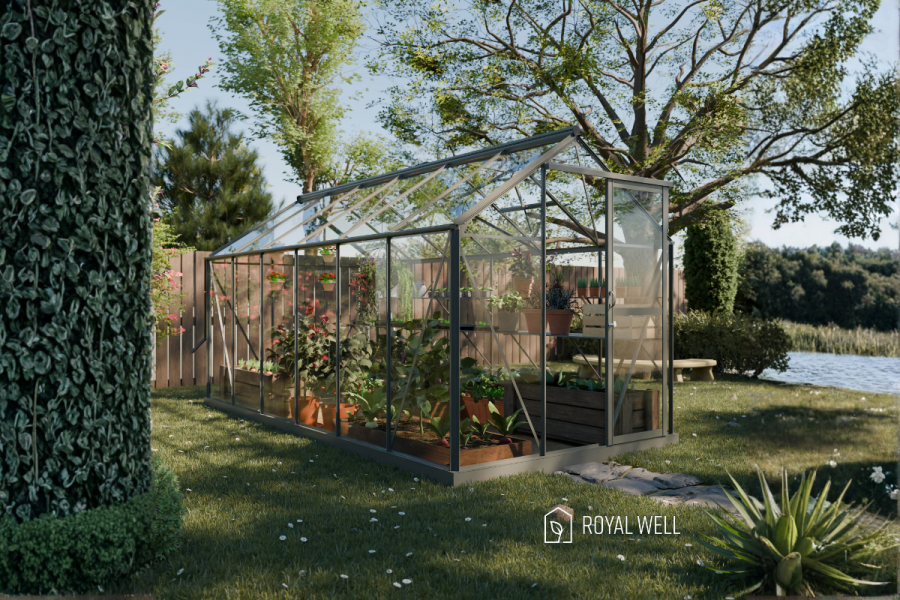 Royal Well Mary IV aluminium tuinkas 212x430 cm groengrijs Royal Well Mary IV aluminium tuinkas 212x430 cm groengrijs