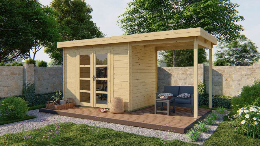 Tuindeco Middelmodern Blokhut 300x200 cm + overkapping 200 cm 28 mm vuren blank Tuindeco Middelmodern Blokhut 300x200 cm + overkapping 200 cm 28 mm vuren blank