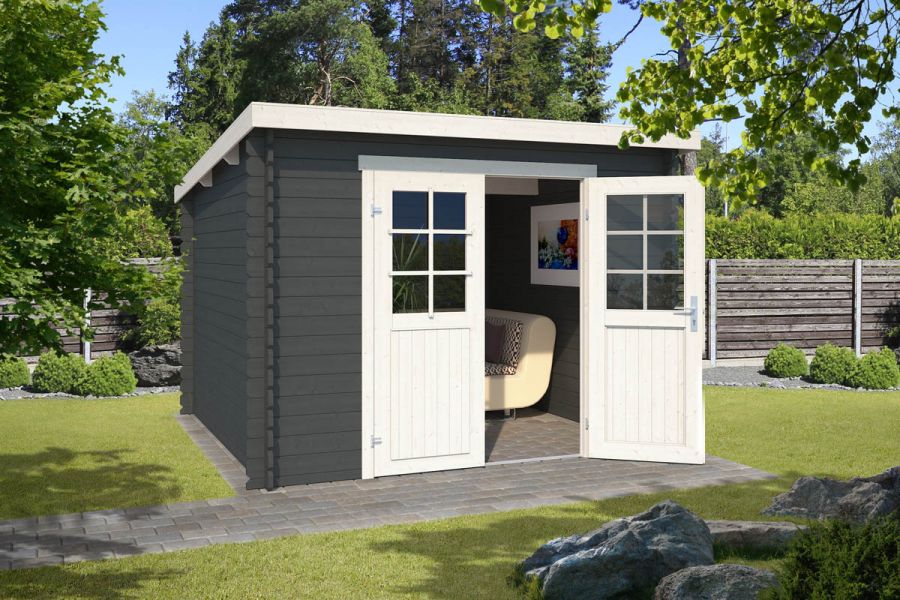 Blokhut Nadia 295x295 cm - Carbon Grey-Wit gecoat Blokhut Nadia 295x295 cm - Carbon Grey-Wit gecoat