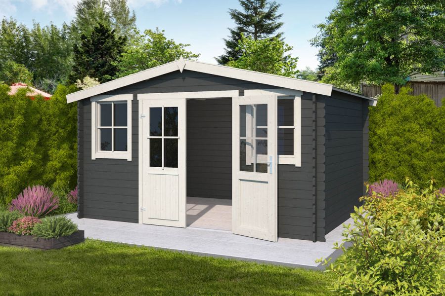 Blokhut Dallas 396x312 cm - Carbon Grey-Wit gecoat Blokhut Dallas 396x312 cm - Carbon Grey-Wit gecoat