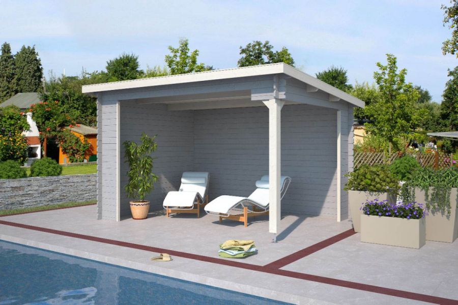 Blokhut Lara 400x295 cm - Platinum Grey-Wit gecoat Blokhut Lara 400x295 cm - Platinum Grey-Wit gecoat