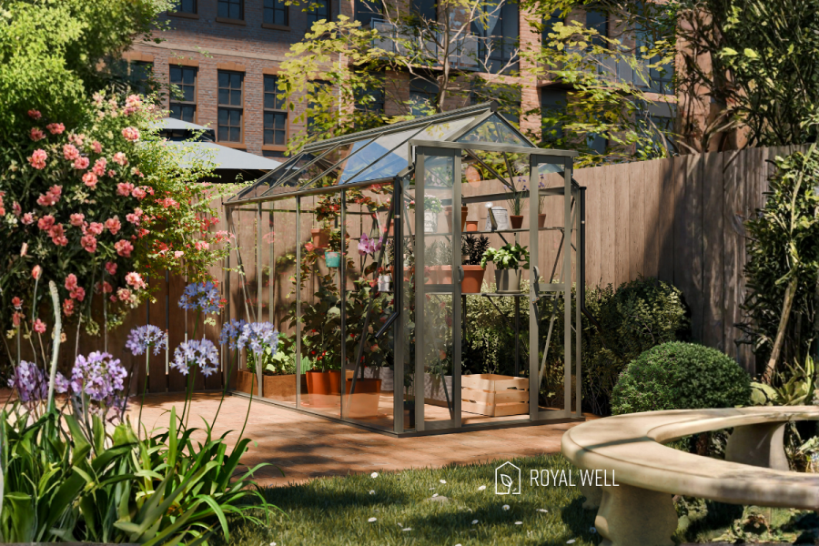 Royal Well Anne III tuinkas 150x290 cm groengrijs met 3mm veiligheidsglas (inclusief fundament)