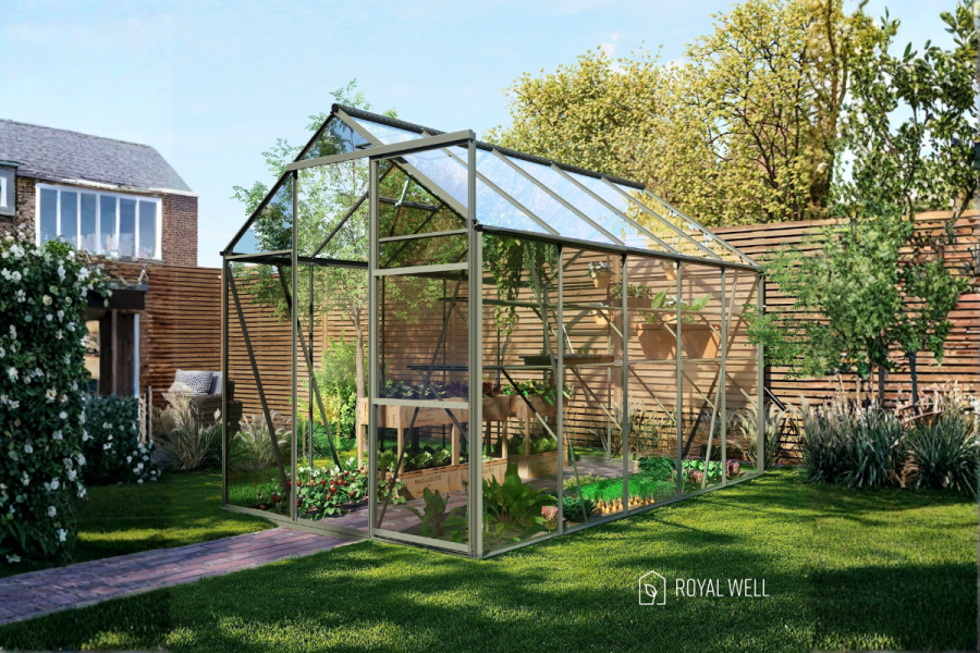 Royal Well Kate III aluminium tuinkas 192x314 cm groengrijs Royal Well Kate III aluminium tuinkas 192x314 cm groengrijs