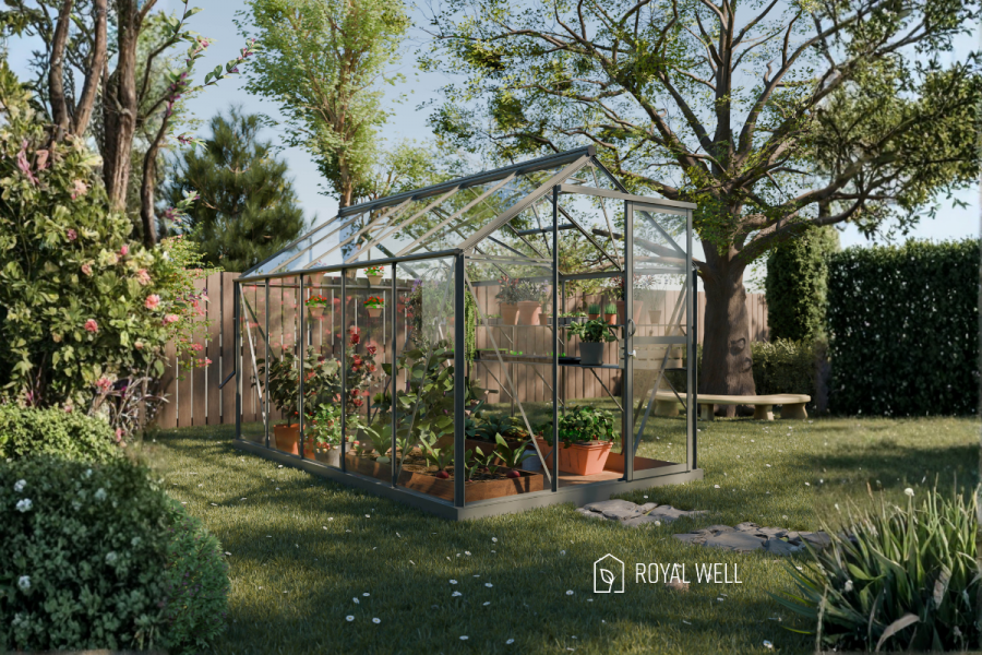 Royal Well Mary III aluminium tuinkas 212x360 cm groengrijs Royal Well Mary III aluminium tuinkas 212x360 cm groengrijs