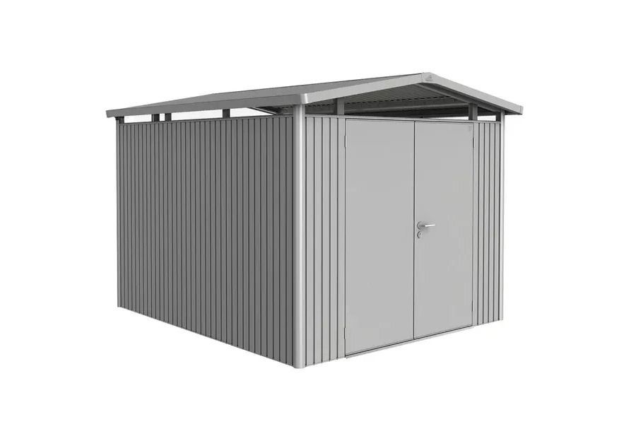 Biohort metalen tuinhuis Panorama Gr. P5 met dubbele deur 273x318 cm zilvergrijs metallic