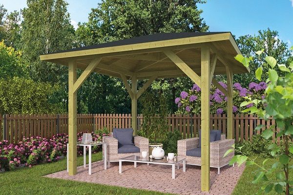 Tuindeco Tourist prieel 340x340 cm vuren groen geïmpregneerd - incl. dakshingles, afdekkap en bol - Showmodel Wommelgem