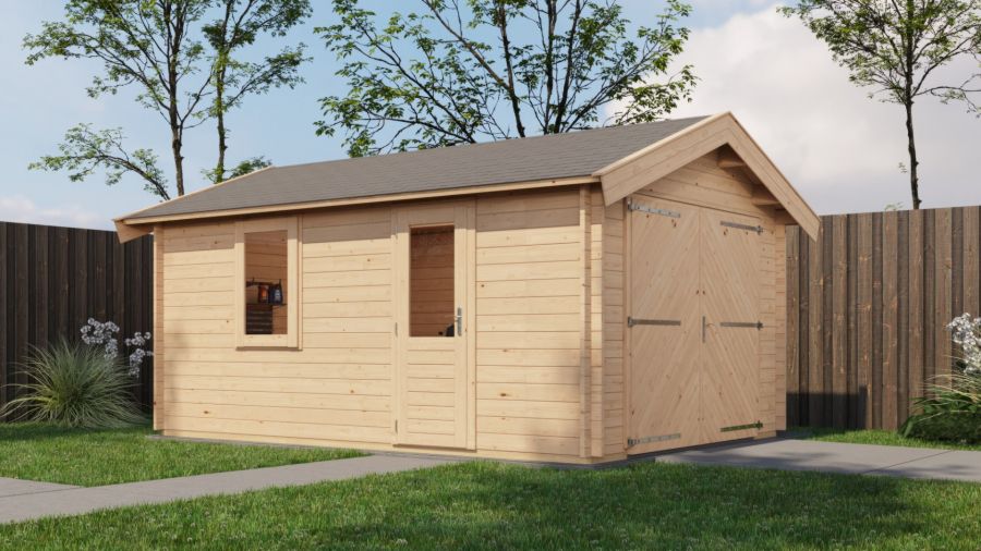 Lugarde Select Blokhut Opheusden met garagedeur 350x500cm - Onbehandeld Lugarde Select Blokhut Opheusden met garagedeur 350x500cm - Onbehandeld