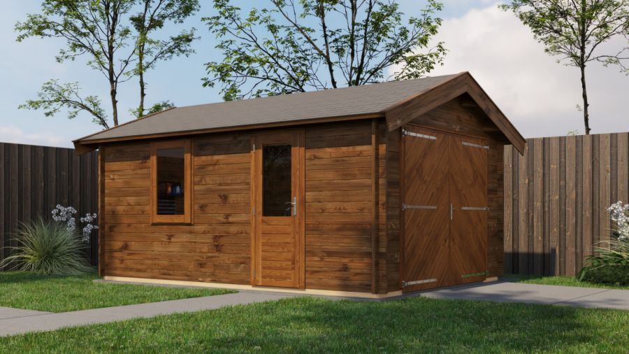 Lugarde Select Blokhut Opheusden met garagedeur 350x500cm - Keteldruk Bruin Lugarde Select Blokhut Opheusden met garagedeur 350x500cm - Keteldruk Bruin