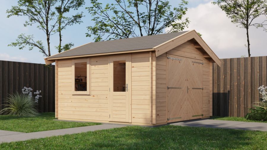 Lugarde Select Blokhut Maurik met garagedeur 400x400cm - Onbehandeld Lugarde Select Blokhut Maurik met garagedeur 400x400cm - Onbehandeld