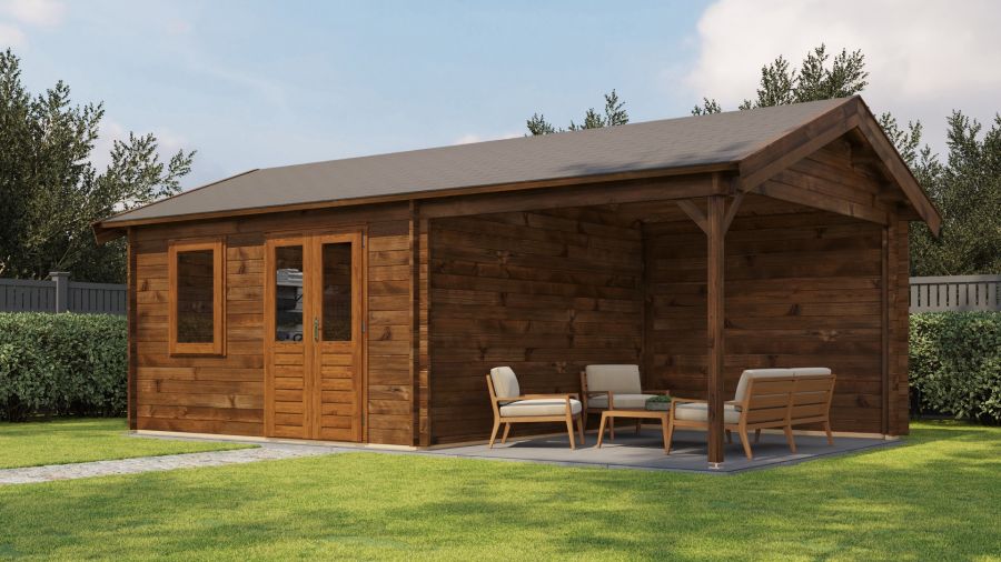 Lugarde Select Blokhut met overkapping Oosterbeek 400x400cm + 300cm - Keteldruk Bruin Lugarde Select Blokhut met overkapping Oosterbeek 400x400cm + 300cm - Keteldruk Bruin