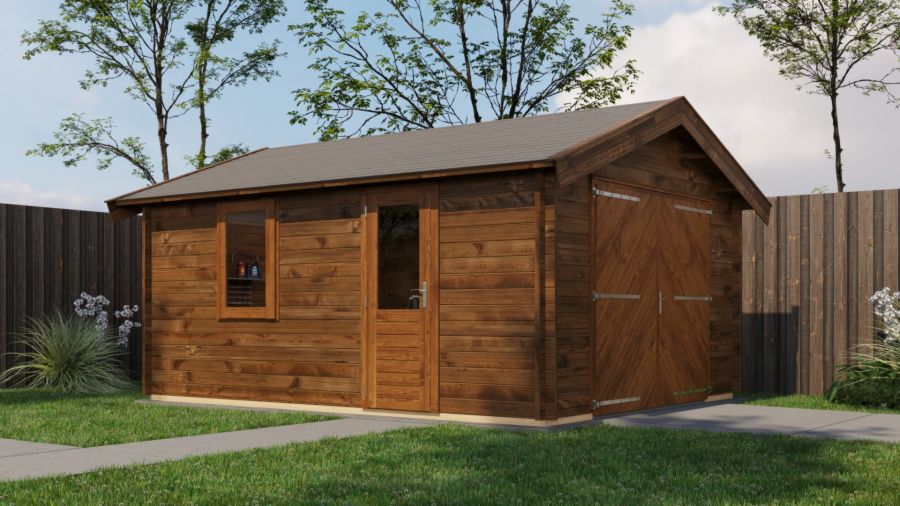 Lugarde Select Blokhut Kesteren met garagedeur 400x500cm - Keteldruk Bruin Lugarde Select Blokhut Kesteren met garagedeur 400x500cm - Keteldruk Bruin