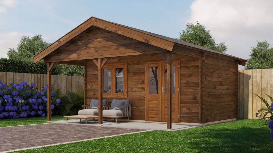 Lugarde Select Blokhut met overkapping Heerde 500x300cm + 200cm - Keteldruk Bruin Lugarde Select Blokhut met overkapping Heerde 500x300cm + 200cm - Keteldruk Bruin