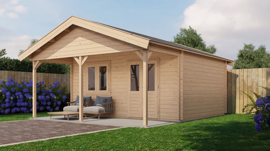 Lugarde Select Blokhut met overkapping Bennekom 500x400cm + 200cm - Onbehandeld Lugarde Select Blokhut met overkapping Bennekom 500x400cm + 200cm - Onbehandeld