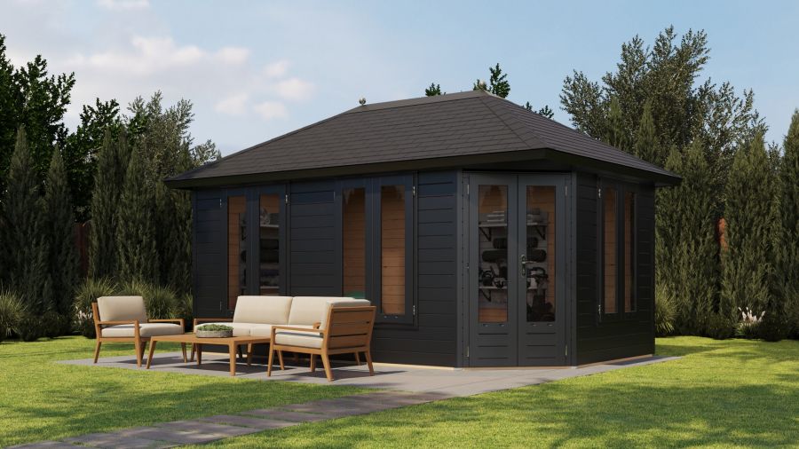 Lugarde Select Prima Utrecht tuinhuis 480x300 cm 44 mm vuren zwartgrijs gebeitst