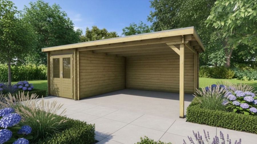 Classicline Blokhut Utrecht vuren groen geïmpregneerd 200x300 cm + overkapping 400 cm