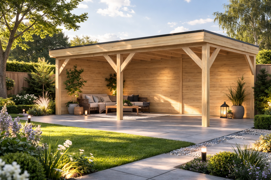 Overkapping Emmen 550x300 cm Douglas blank  met douglas rabat wanden (Incl. EPDM)