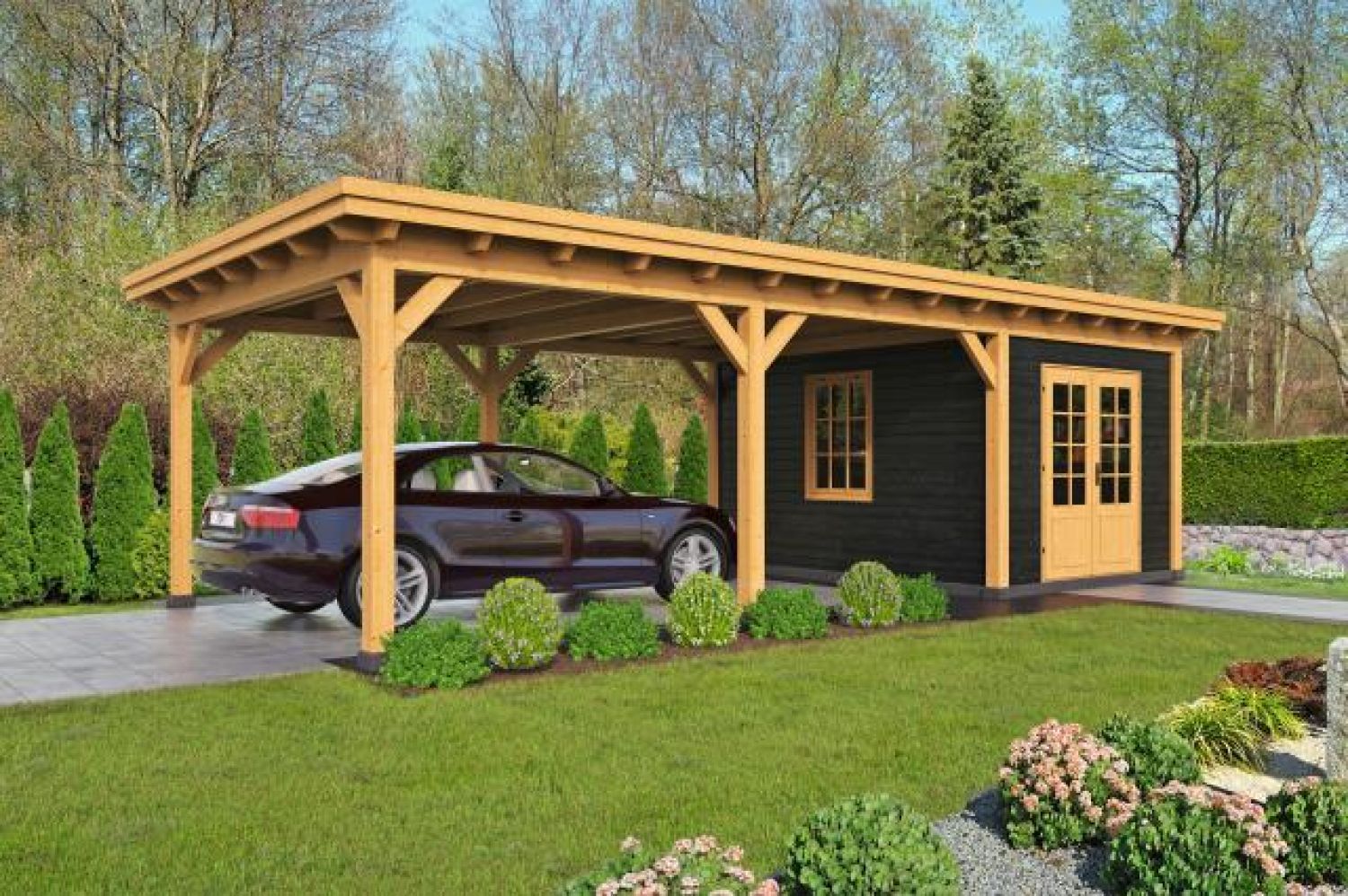 Overkapping plat dak Red Class Wood Odense type 7 XXL 943 x 450 - Zwarte wanden