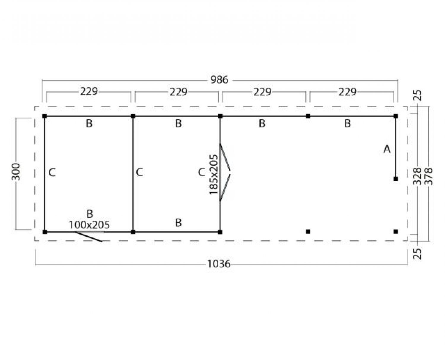 Overkapping plat dak Red Class Wood Odense type 12 XL 1036x378 cm - zwarte wanden