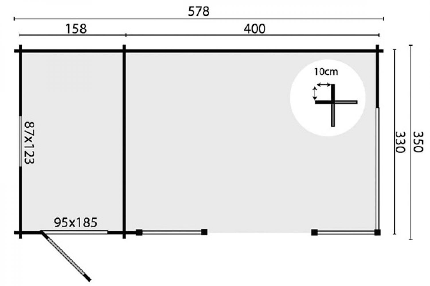 Blokhut Selma 158x350 cm + luifel 400 cm plattegrond