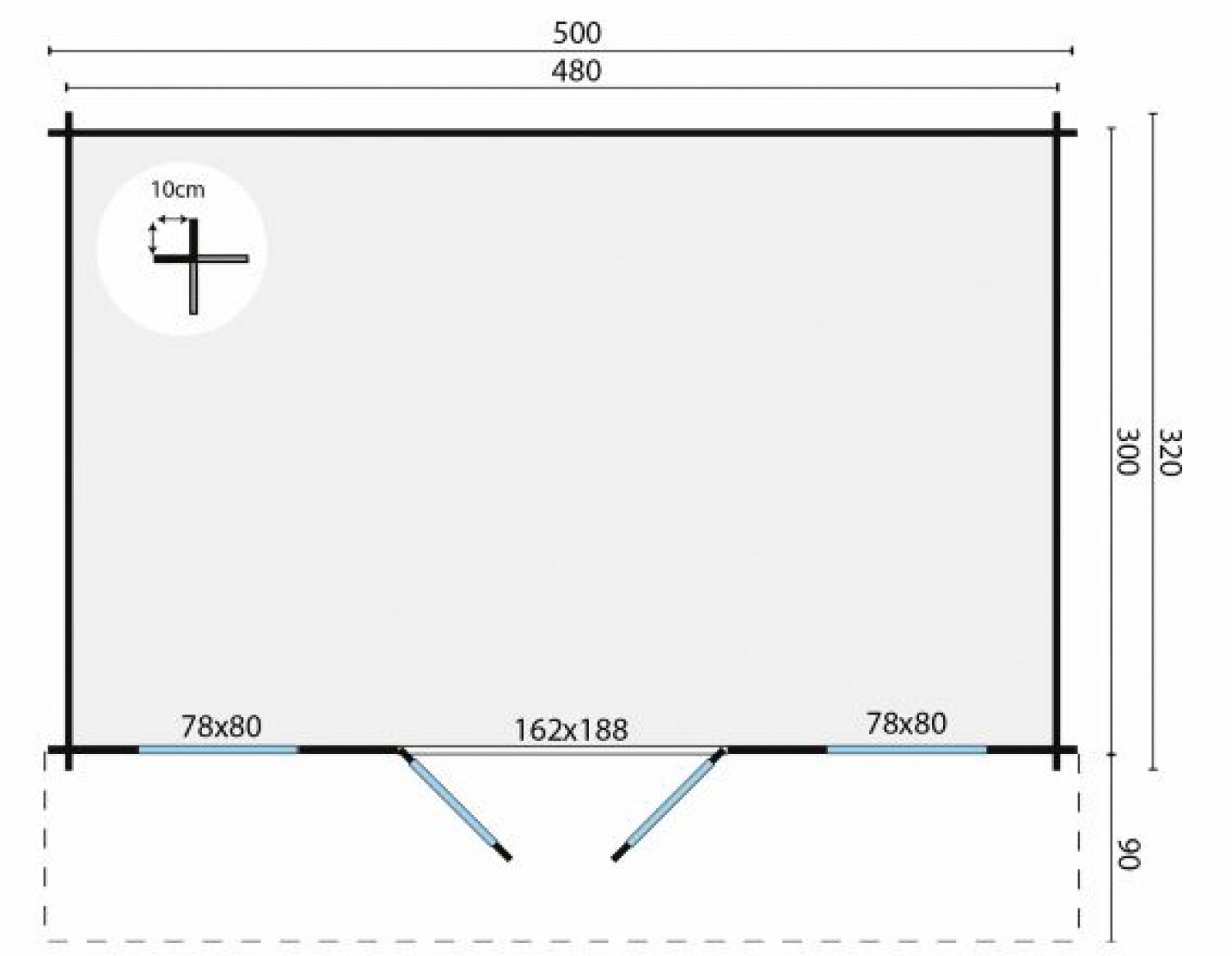 Plattegrond Blokhut Karen 500x320 cm + 90 cm