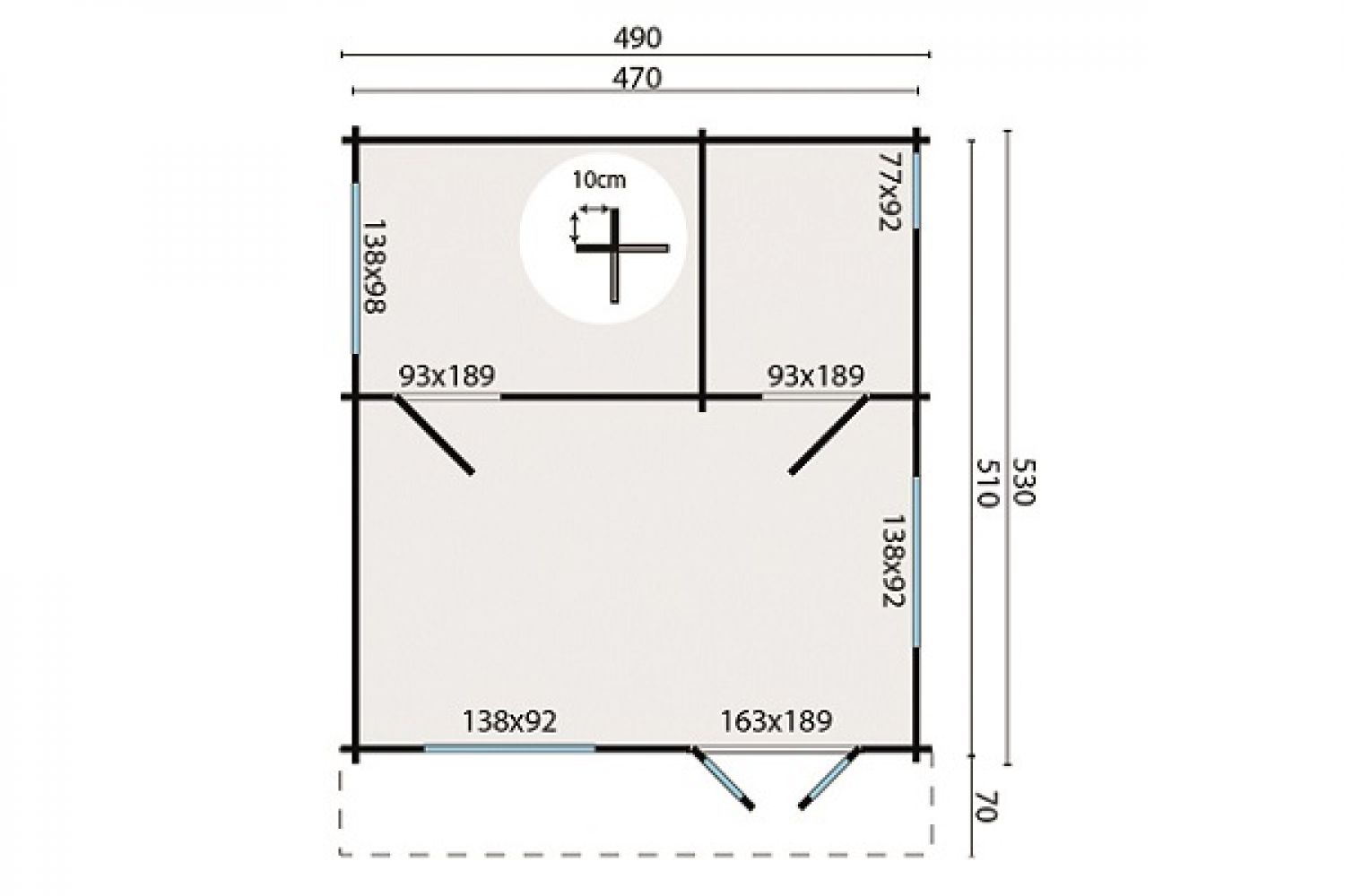 Blokhut Llanes 490x530 cm + luifel 70 cm - plattegrond