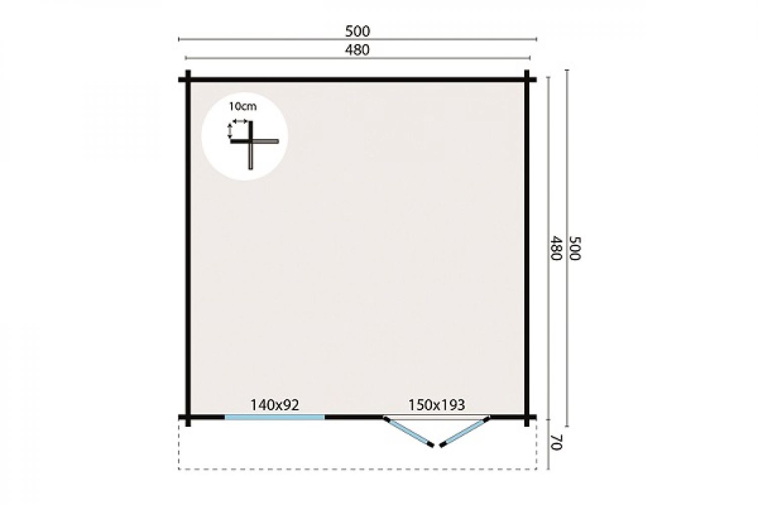 Blokhut Dingle 500x500 cm + luifel 70 cm plattegrond