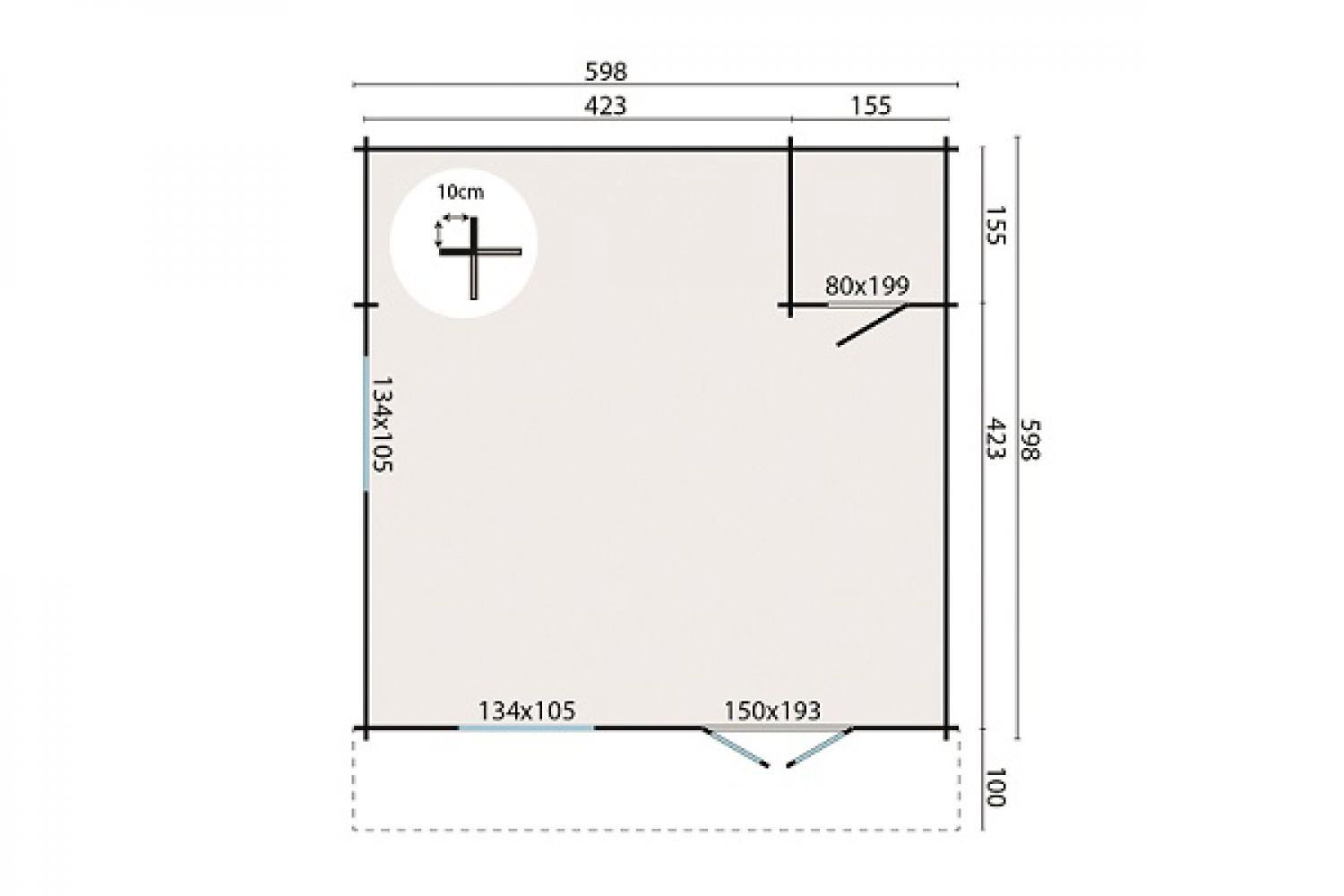 Blokhut Brandenburg 598x598 cm + luifel 100 cm plattegrond