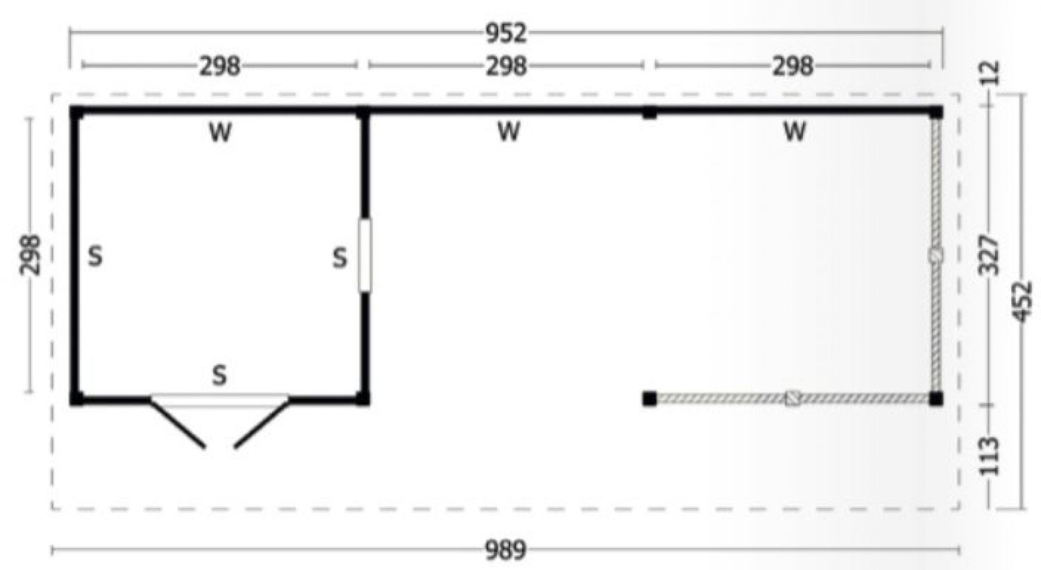 Lariks/Douglas Kapschuur Bergen XL type 8 989x452 cm plattegrond