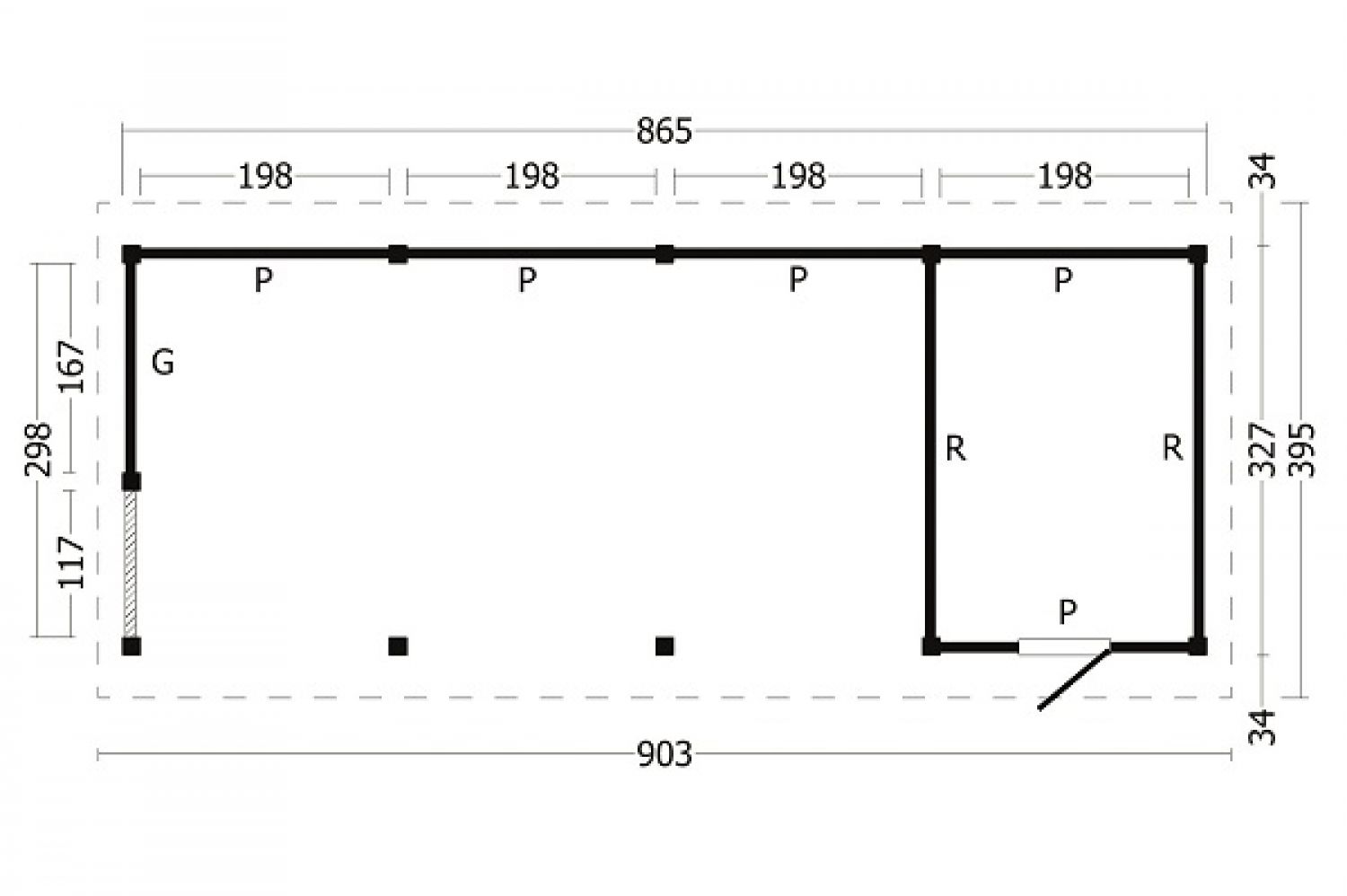 Overkapping Hamar L type 10 zwart 903x395 cm plattegrond