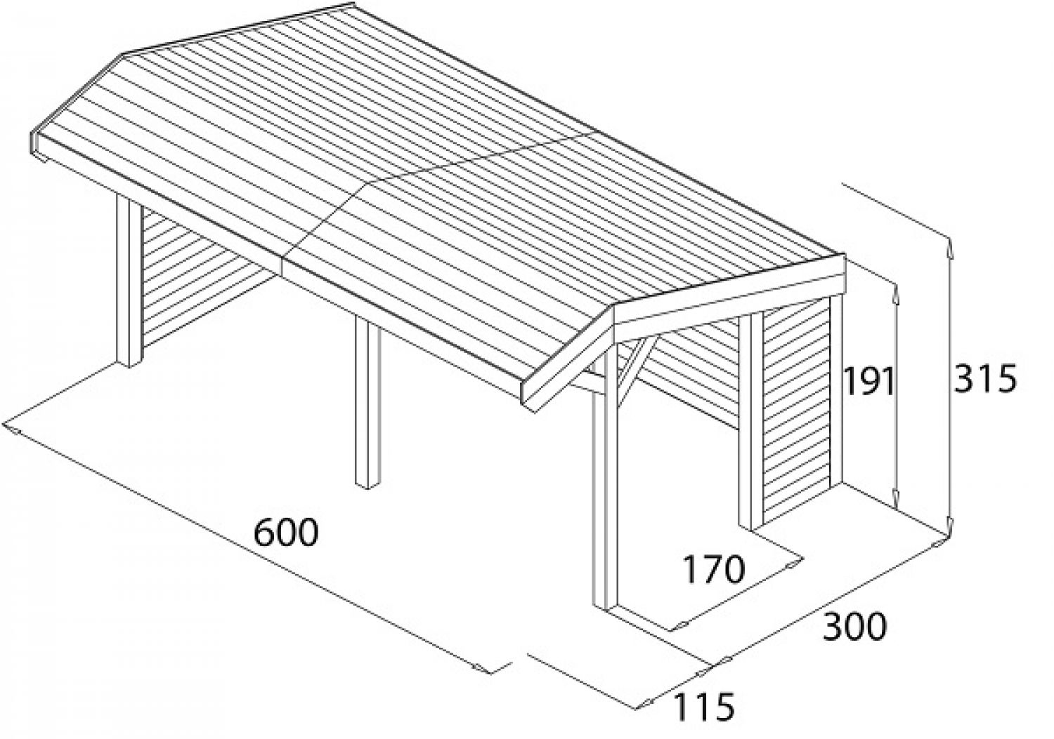 Lariks/Douglas DIY kapschuur Goor 600x390 cm met zwarte wanden plattegrond