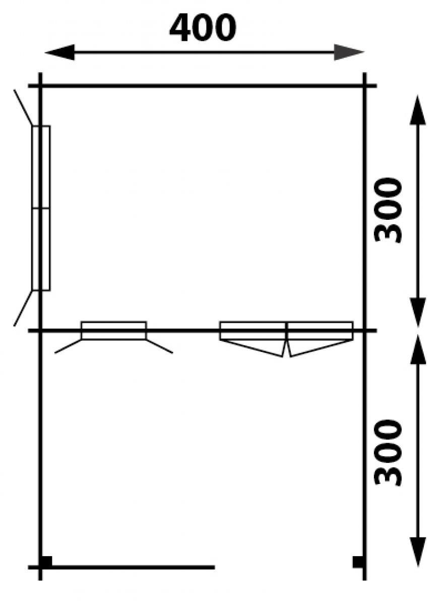 Blokhut 440x340 cm + luifel 300 cm, 50 mm & dubbelglas - gecoat