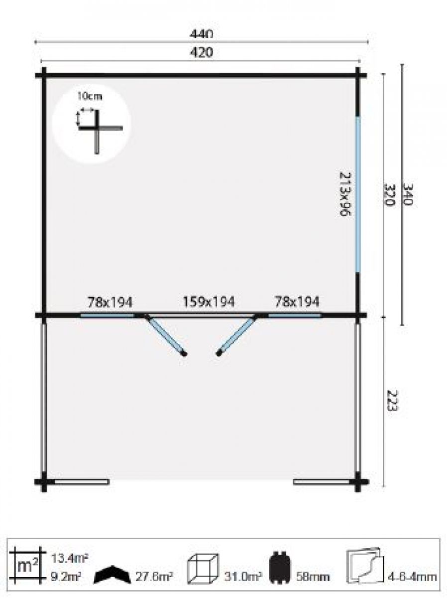 Blokhut Bolton 440x340 cm + luifel 200 cm