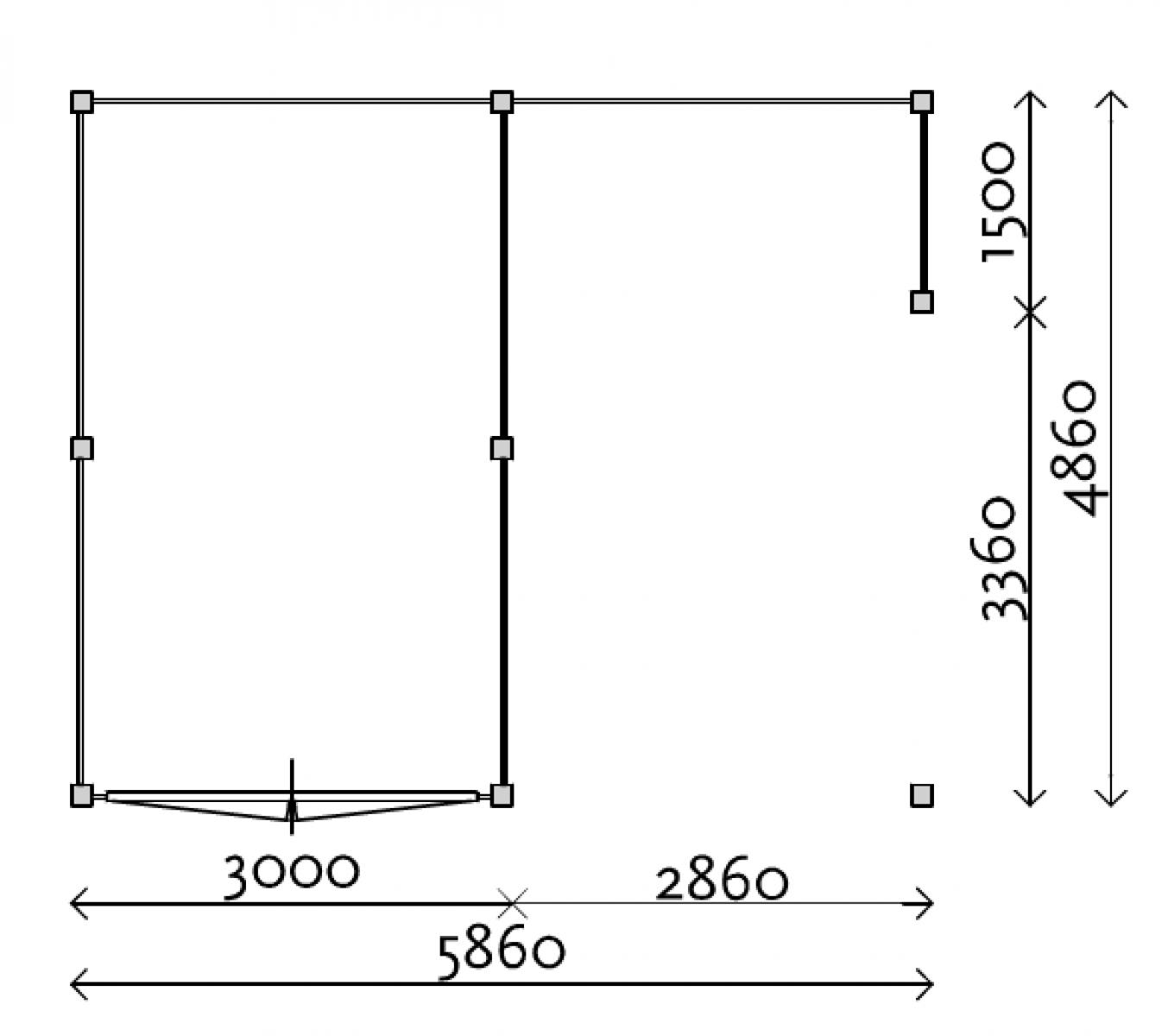 Lugarde Garage PS11 300x486 cm + luifel 286 cm - 28 mm - plattegrond