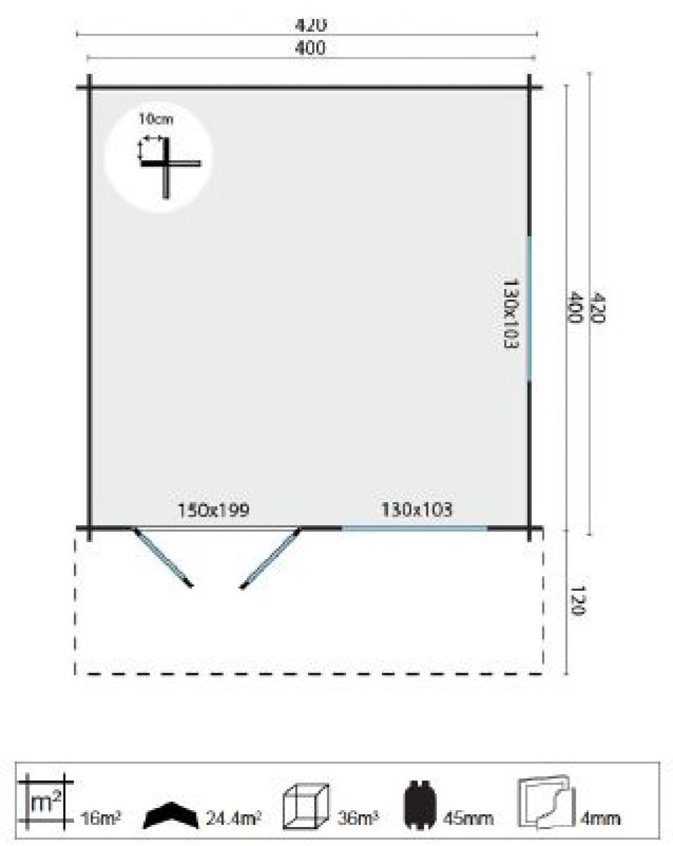 Blokhut Inge 420x420 cm + luifel 120 cm - Geïmpregneerd plattegrond