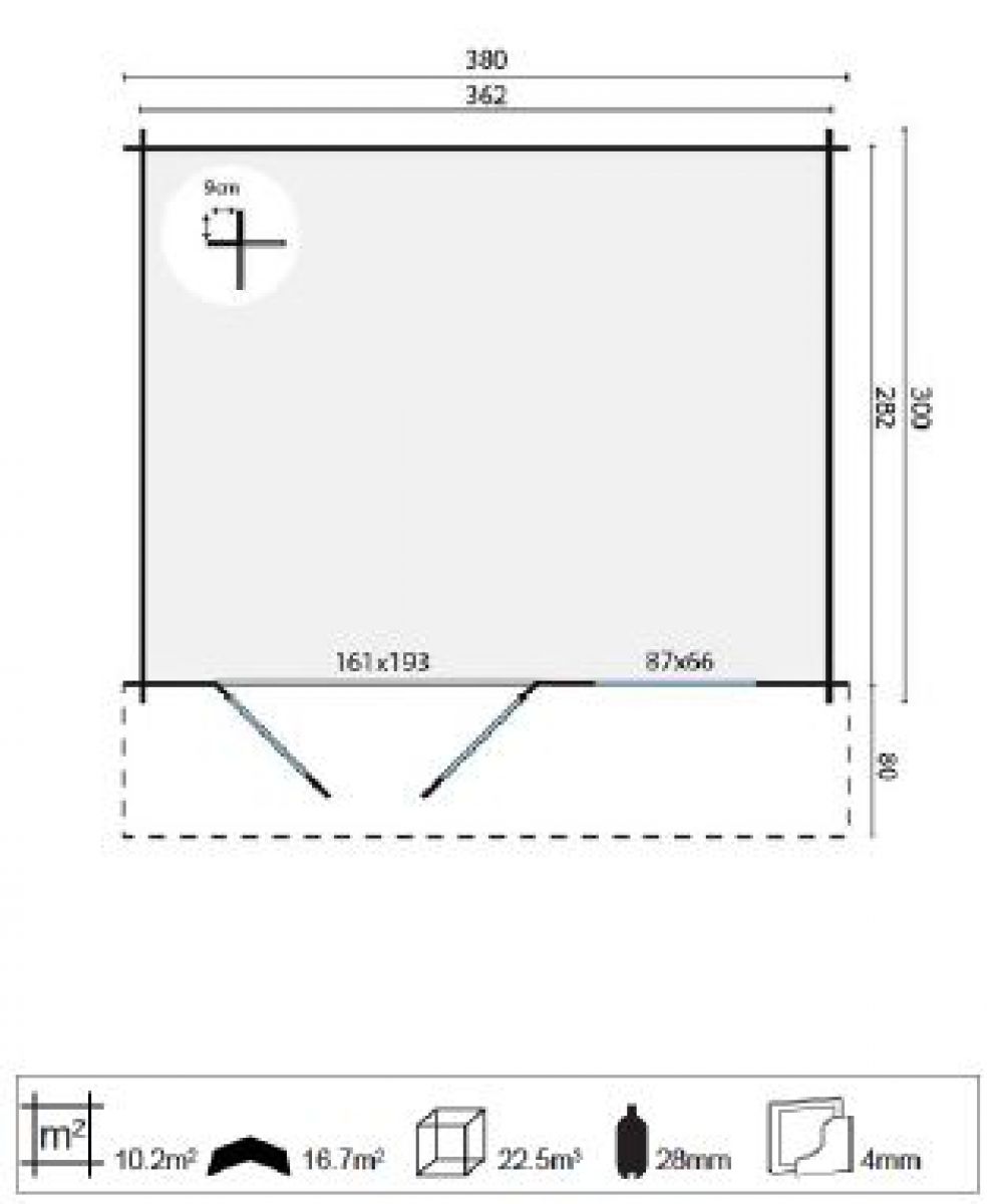 Blokhut Ingmar 380x300 cm + luifel 80 cm plattegrond
