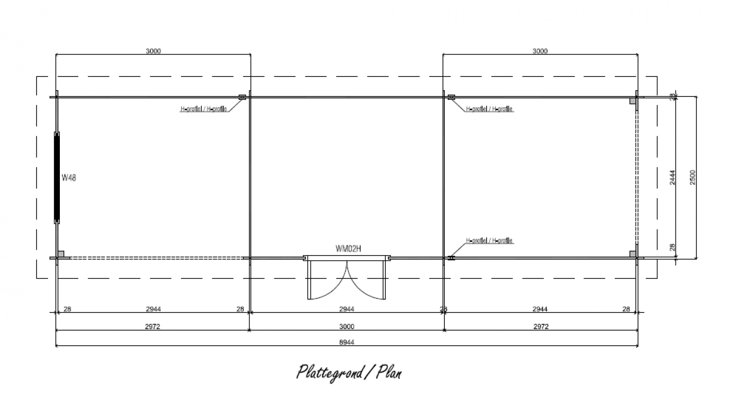 Blokhut Veldegem 300x250 cm + 2x luifel 250 cm plattegrond