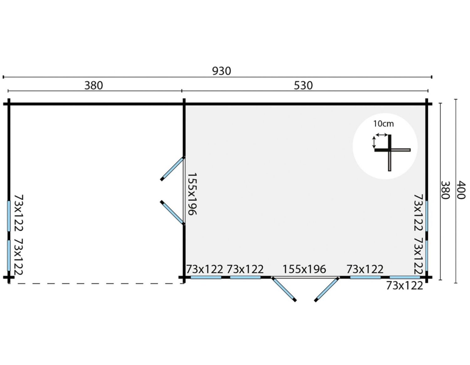 Blokhut Big Ben - 930x400 cm - Grijs geïmpregneerd