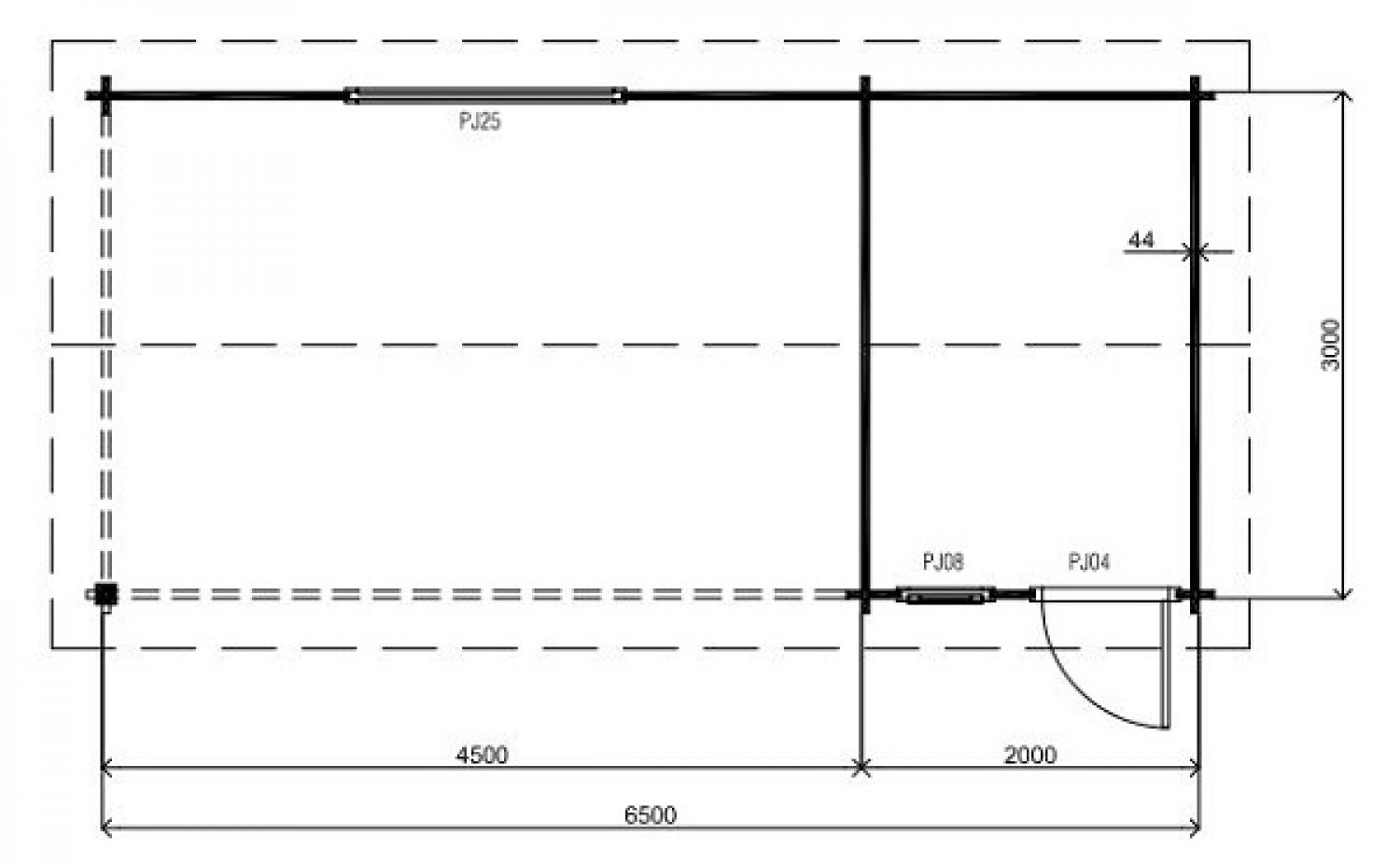 Blokhut Aevy (met overkapping) - 650x300 cm plattegrond