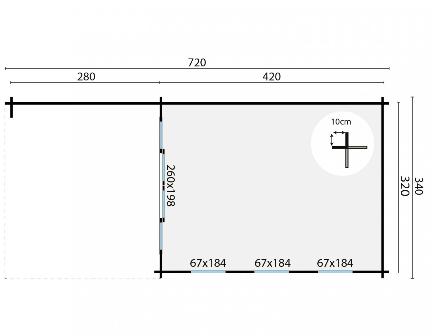 Blokhut Skeg 420x340 met 280 cm zijluifel