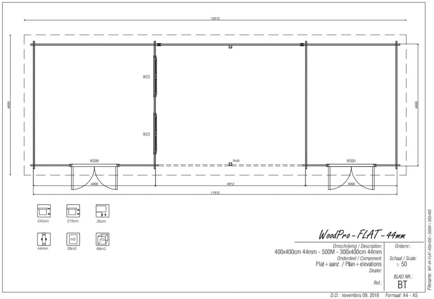 Blokhut/Tuinhuis Brummen 1200x400 cm - Plattegrond