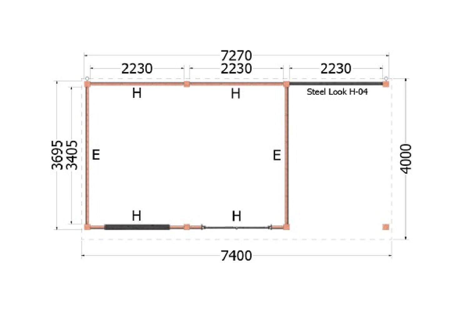 Buitenverblijf Mensa 740 x 400 cm - plattegrond